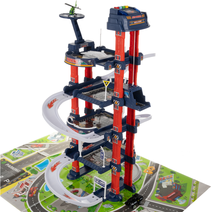 egyedi négyszintes parkoló autópályával és kiegészítőkkel